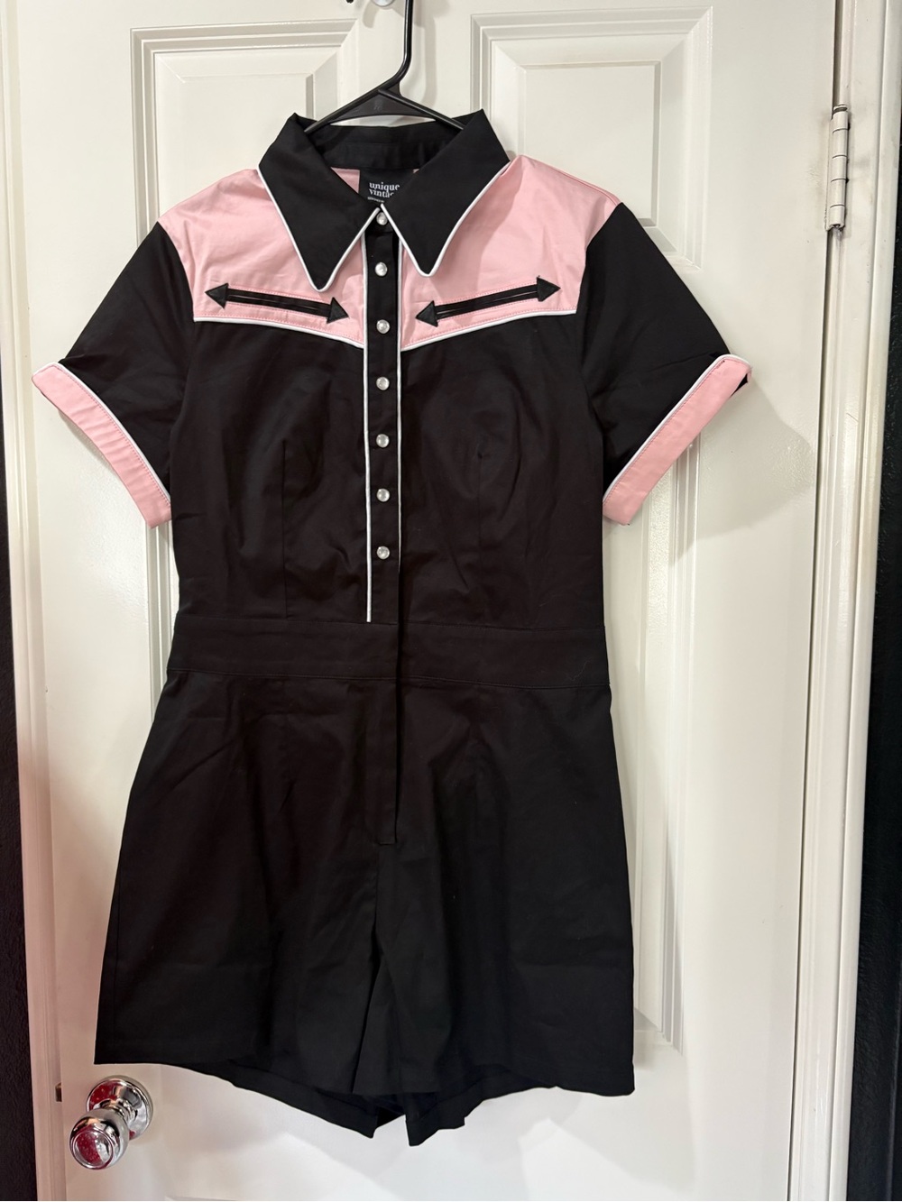 Pinup Rockabilly Black and Pink Western-Style Short Dress Romper - Picture 3 of 6